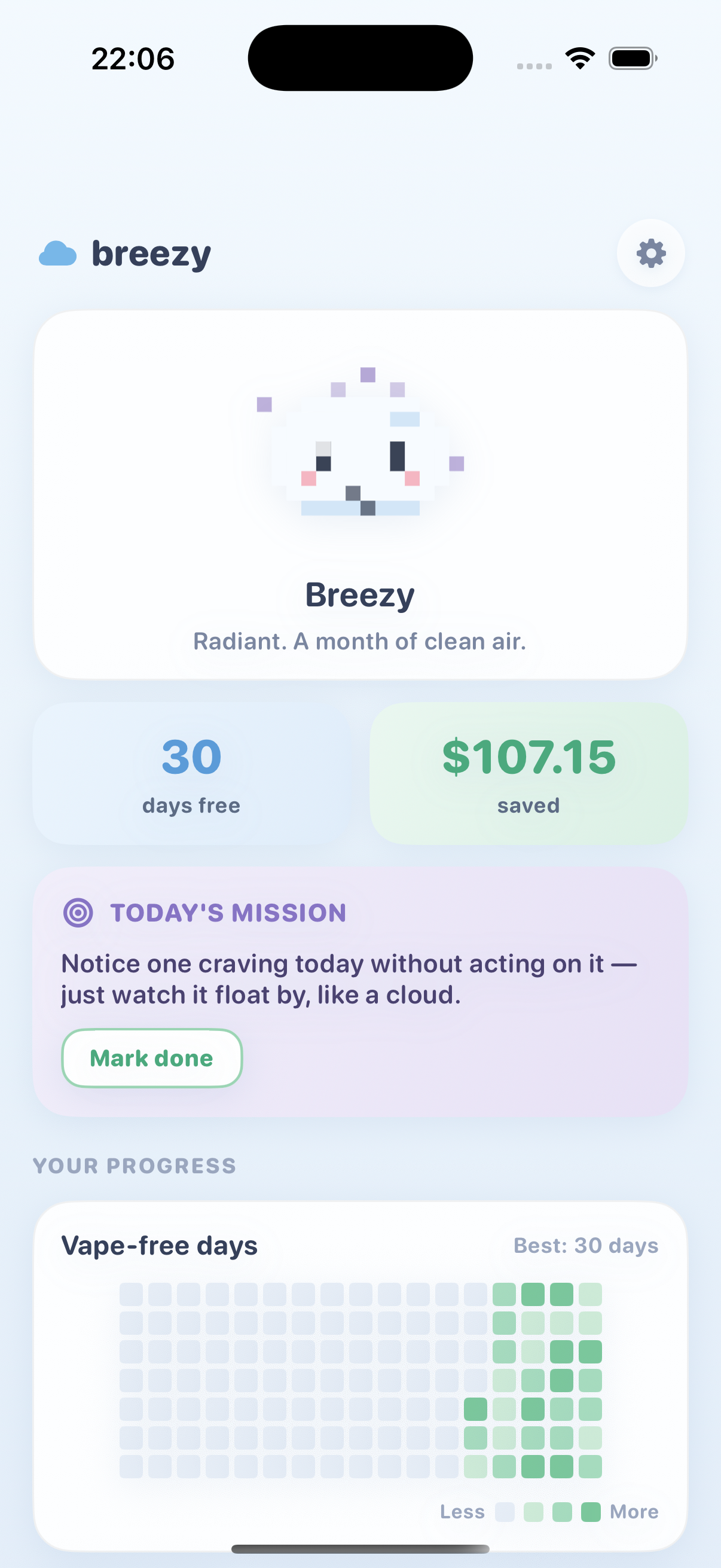 Breezy home screen showing a 30 day streak and money saved